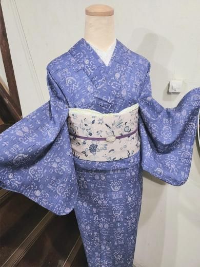 藍流水と鹿の子の染め分けに花うちわ美しい綿紅梅浴衣