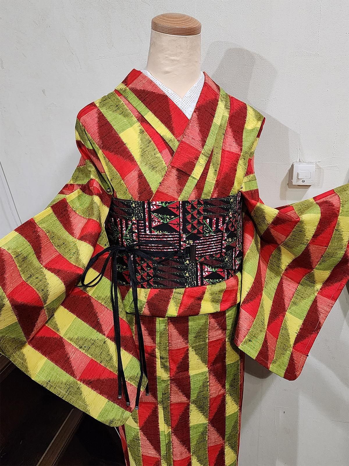 大正ロマン銘仙風アートチェックのウール単着物 - アンティーク