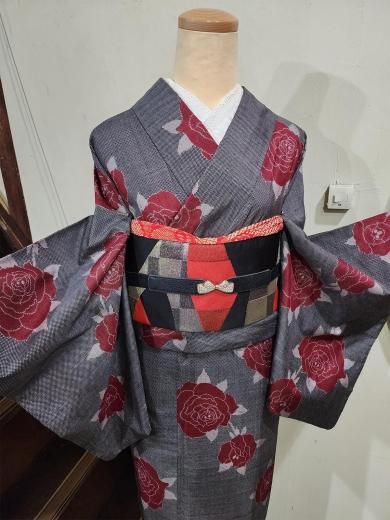 紺地につまみ縫い風の乱菊模様美しいビンテージ注染浴衣