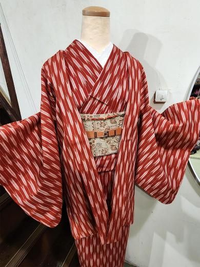 正絹小紋　袷　縞柄　べらぼう　粋な姐さん　町娘　未使用 中古】 小紋 更紗小紋 レディース 正絹 マスタード レッド