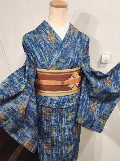 モダンチェックに琉球絣涼やかな上布風化繊夏着物 - アンティーク着物