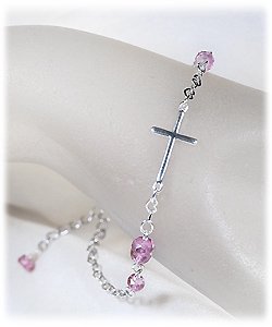 十字架とハートチェーン、宝石質ピンクトパーズのデザインブレスレット画像