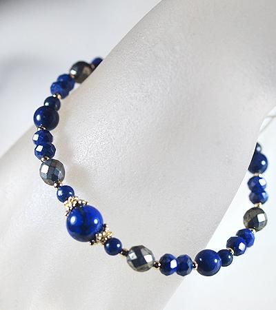 天然ラピスラズリとパイライトのデザインブレスレットVenus