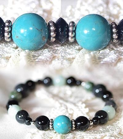 ターコイズと黒翡翠、翡翠、黒水晶の魔よけパワーブレスレット