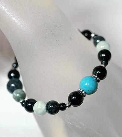 黒ビーズブレスレット ターコイズアクセント ターコイズと黒翡翠、翡翠、黒水晶の魔よけパワーブレスレットEnergy