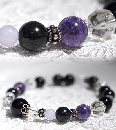 モリオン（黒水晶）と黒翡翠、紫翡翠のデザインブレスレット