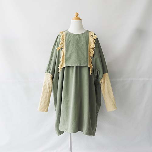 fringe dress moss green S-L(90-140) folk made フォークメイド