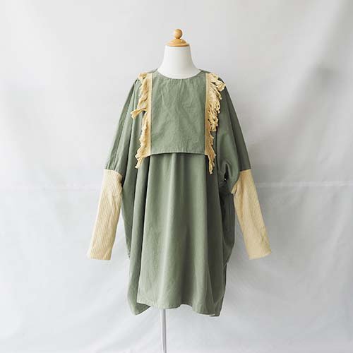 <img class='new_mark_img1' src='https://img.shop-pro.jp/img/new/icons16.gif' style='border:none;display:inline;margin:0px;padding:0px;width:auto;' />fringe dress  moss green   S-L(90-140)　　folk made フォークメイド