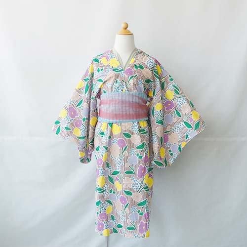 レイヤード浴衣ワンピース Stripe&Flower BR 90-140