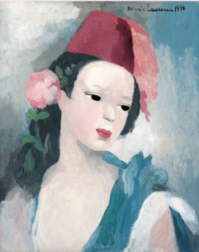 MARIE LAURENCIN 、マリー・ローランサン、先のとがった帽子の自画像 マリー・ローランサン【シェシア帽を被った女】 - 手描き 絵画
