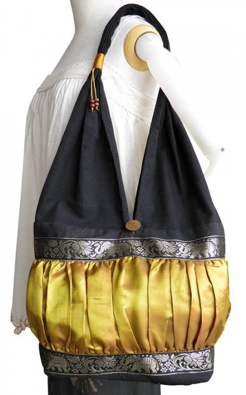ショルダーバッグ シルク素材 タック＆ギャザー 肩掛けバッグ 布バッグ（ゴールド）[A4サイズ 収納 通勤 通学 旅行 レジャー]