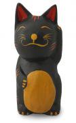 木彫り 猫 招き猫（黒）[左手上げで福を呼ぶと言われる、幸運の縁起物★贈り物にも]