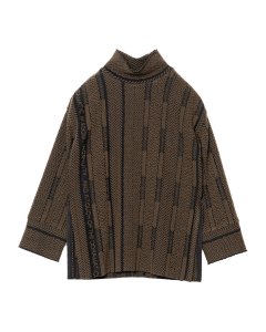 TAN INLAY STITCH HIGH NECK SWEATER OLIVE BROWN