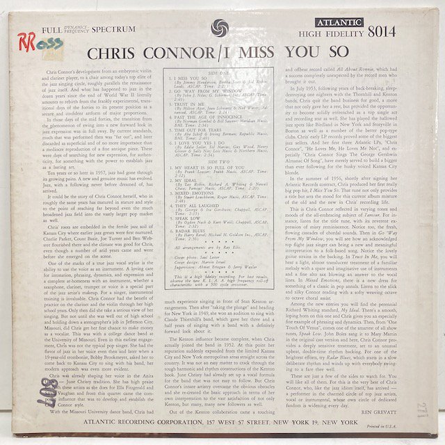 Chris Connor / I Miss You So 8014 ◎ 大阪 ジャズ レコード 通販 買取 Bamboo Music