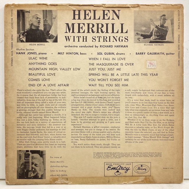 Helen Merrill ヘレンメリル with Strings Mg36057 ◎ 大阪 ジャズ レコード 通販 買取 Bamboo Music