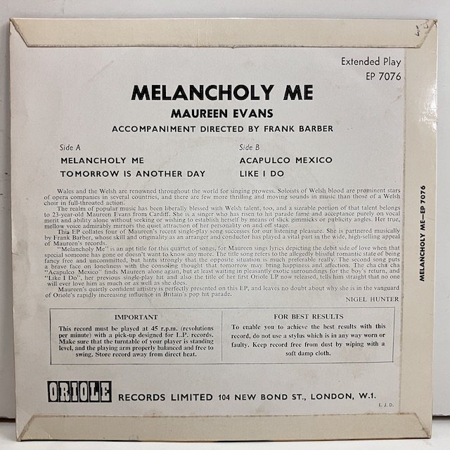 Maureen Evans / Melancholy Me ep7076 ◎ 大阪 ジャズ レコード 通販 買取 Bamboo Music