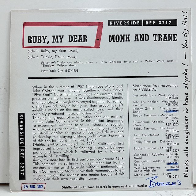 Thelonious Monk With John Coltrane / Ruby, My Dear rep3217 ◎ 大阪 ジャズ レコード 通販  買取 Bamboo Music