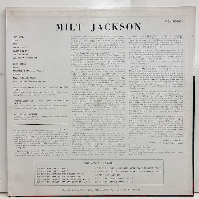 Milt Jackson / and Thelonious Monk quintet blp1509 ◎ 大阪 ジャズ レコード 通販 買取  Bamboo Music