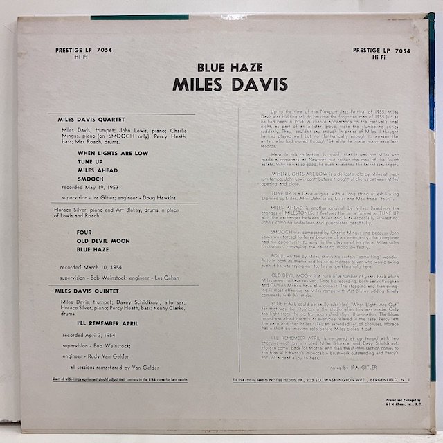 Miles Davis / Blue Haze Prlp7054 :通販 ジャズ レコード 買取 Bamboo Music