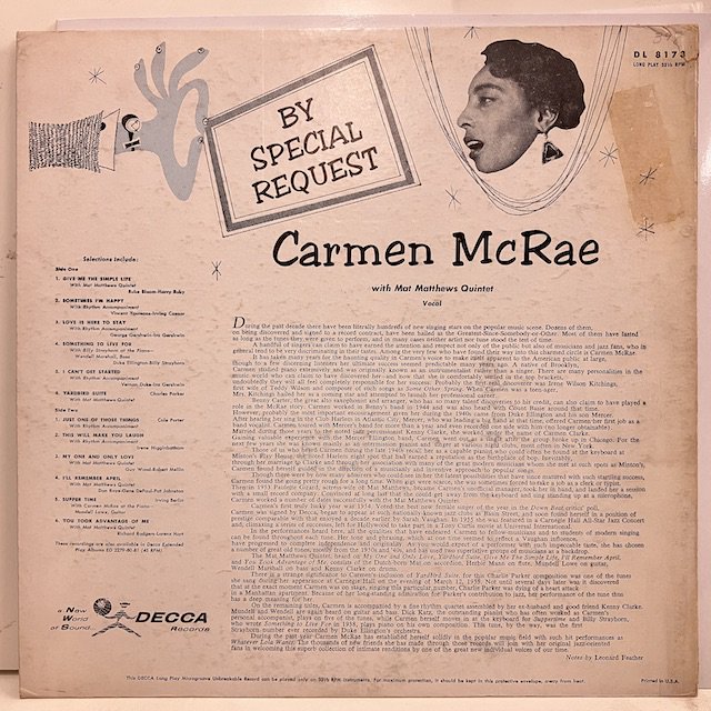 Carmen McRae / By Special Request Dl8173 :通販 ジャズ レコード 買取 Bamboo Music