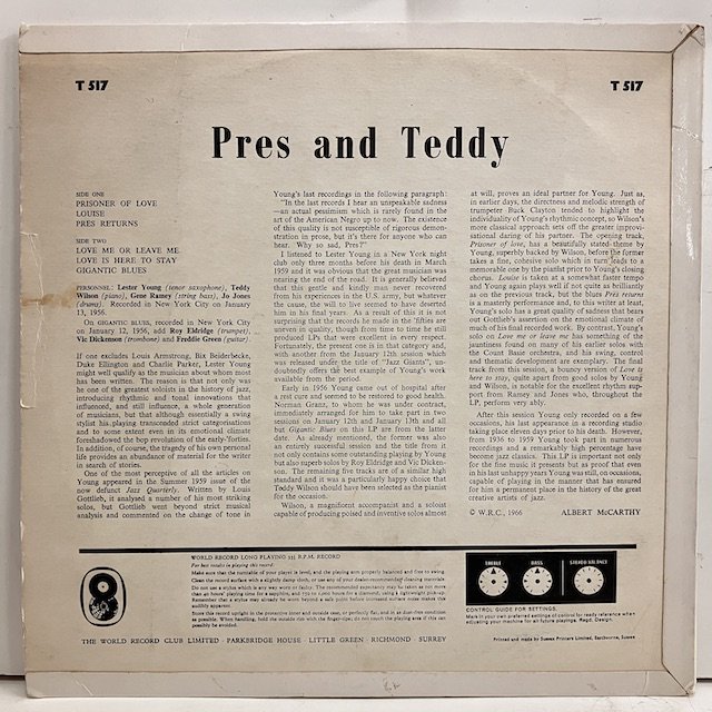 Lester Young Teddy Wilson Quartet / Pres And Teddy T.517 :通販 ジャズ レコード 買取  Bamboo Music