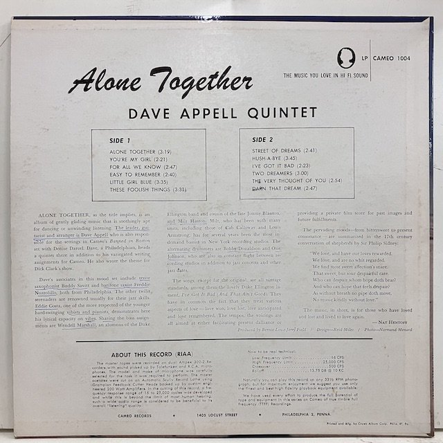 Dave Appell Quintet / Alone Together #1004 :通販 ジャズ レコード 買取 Bamboo Music