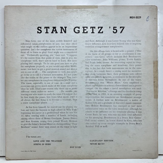 Stan Getz / '57 mgv8029 :通販 ジャズ レコード 買取 Bamboo Music