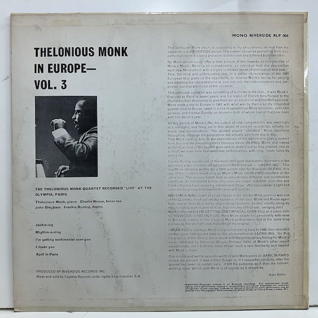 Thelonious Monk / In Europe Vol3 rlp004 :通販 ジャズ レコード 買取