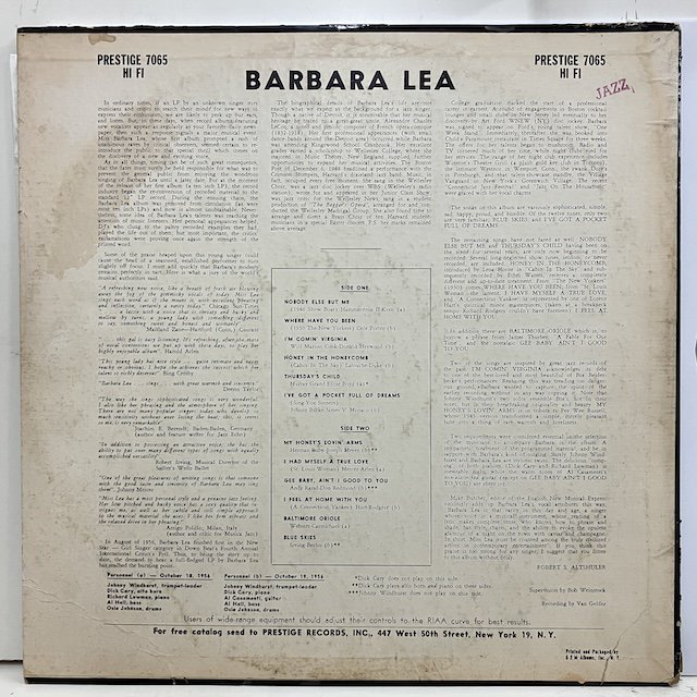 Barbara Lea / with Johnny Windhurst quintets Prlp7065 :通販 ジャズ レコード 買取  Bamboo Music