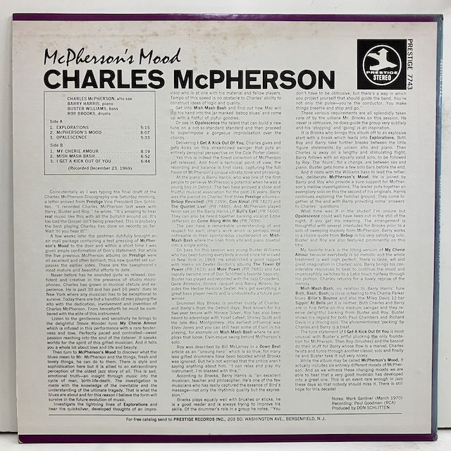 Charles McPherson / McPherson's Mood PRST7743 :通販 ジャズ レコード 買取 Bamboo Music