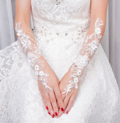 お花の刺繍にビーズが輝く　フィンガーレスタイプ　ロングタイプ　ウェディンググローブ　ウェディング　グローブ　グローブス　手袋　結婚式　花嫁　付属　 アクセサリー　MS2608 - Chouchou