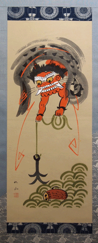 大津絵 雷公の太鼓釣り 掛軸 古画 民藝 掛軸 『雷公の太鼓釣』 - 大津絵の店 Online Shop
