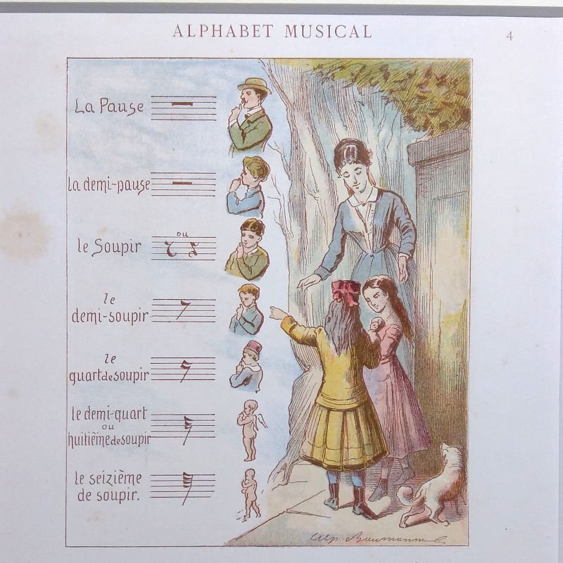 リトグラフ　『音楽のアルファベット ～ 休符』　1883年　フランス - アンティーク楽譜や、フランスアンティーク、ヨーロッパ紙ものの通販  【アンサンブル・アンティーク】