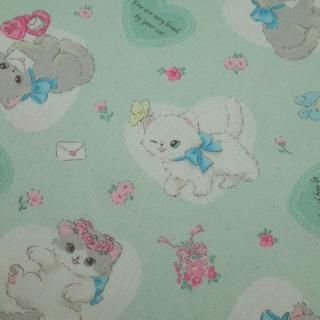 <img class='new_mark_img1' src='https://img.shop-pro.jp/img/new/icons12.gif' style='border:none;display:inline;margin:0px;padding:0px;width:auto;' />セレクト生地 キャット&ハート (ミント) 約50cm×110cm カット済み