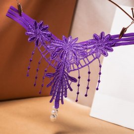 パール付き♪　ゴージャス刺繍のＴバック　フリンジ風の飾り付き　紫
