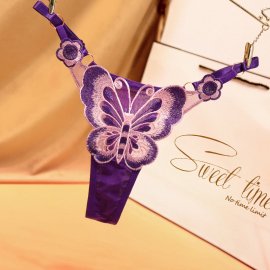 大きな蝶々の刺繍入り♪　サイズ調節可能　シースルーTバック　紫