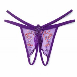 パックリオープンTバック　シースルーに刺繍入り♪　ダブルストリング　紫