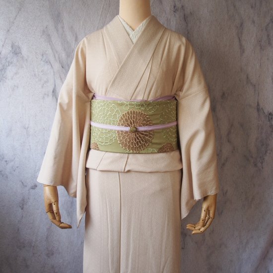 二部式着物と二部式帯、はじめてさんのフルセット｜ポリ袷江戸小紋練色×エンブロイダリーダリア