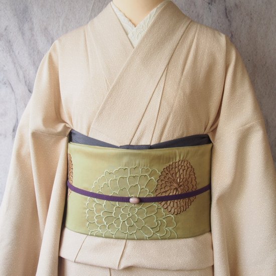 二部式着物と二部式帯、はじめてさんのフルセット｜ポリ袷江戸小紋練色×エンブロイダリーダリア