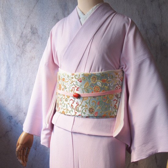 二部式着物と二部式帯、はじめてさんのフルセット｜ポリ袷江戸小紋桜色×葡萄花唐草