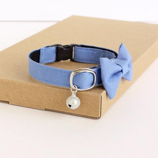 リボン付き猫首輪【水色】（シルバーバックル） - 猫の首輪専門