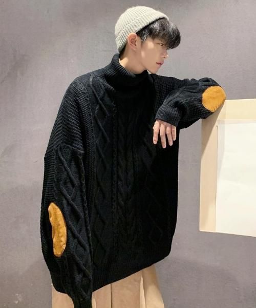 neos/ネオス】ルーズシルエット エルボーパッチ タートルネック 畦編み neos/ネオス】ルーズシルエット エルボーパッチ タートルネック 畦編み