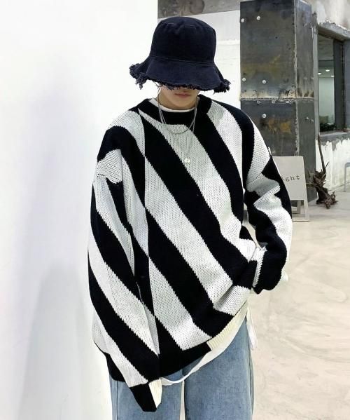 Neos ネオス ルーズシルエット バイアス ストライプ ニット セーター メンズファッション Spade Neos ネオス ルーズシルエット バイアス ストライプ ニット セーター メンズファッション Spade