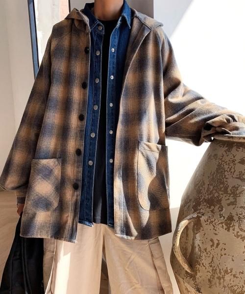 neos /ネオス】ビッグシルエット フード オンブレチェック シャツ