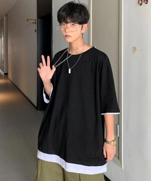 Neos Addictive Design ビッグシルエット フェイクレイヤード クルーネック Tシャツ メンズファッション Spade Neos Addictive Design ビッグシルエット フェイクレイヤード クルーネック Tシャツ メンズファッション Spade