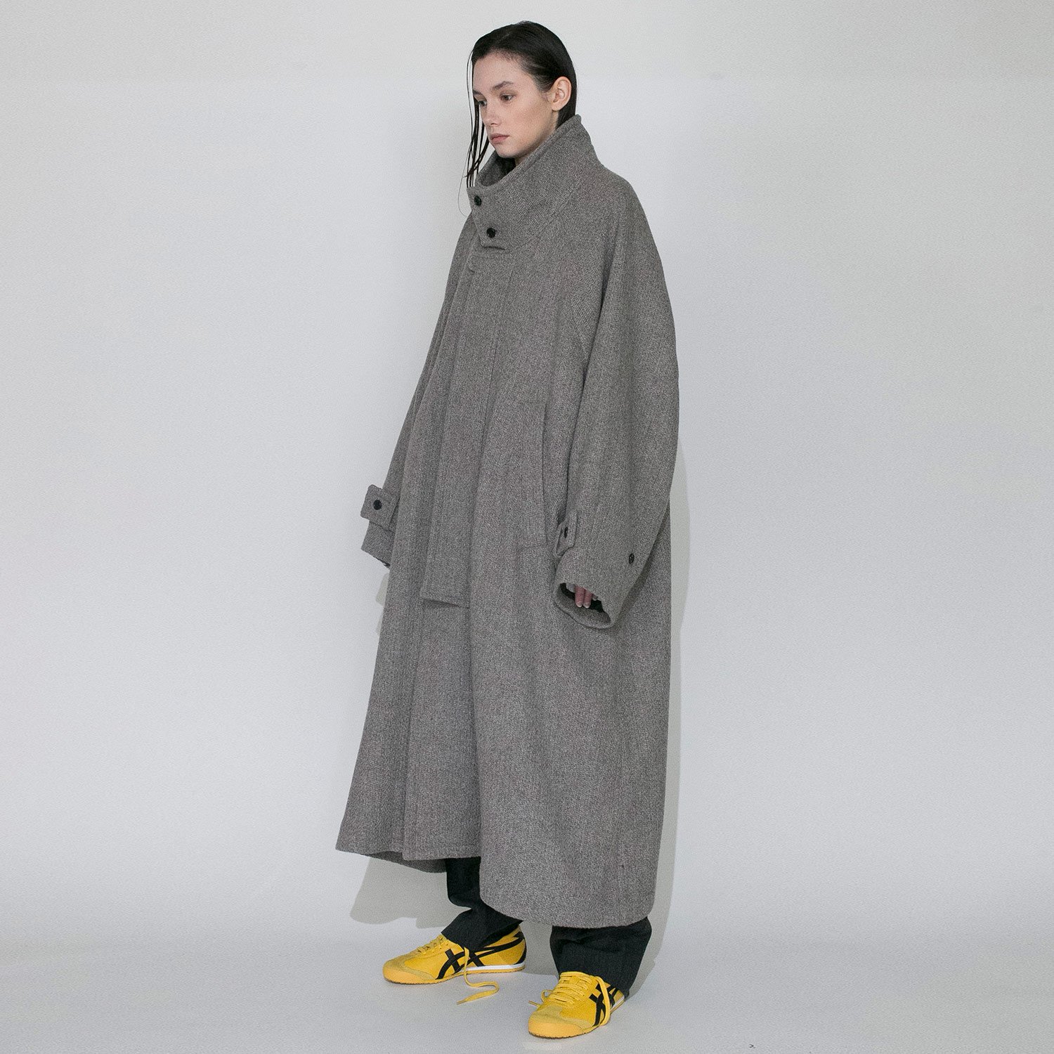 VOAAOV】BISHU RECYCLE RIDGE WOOL Stand Collar Long Coat-