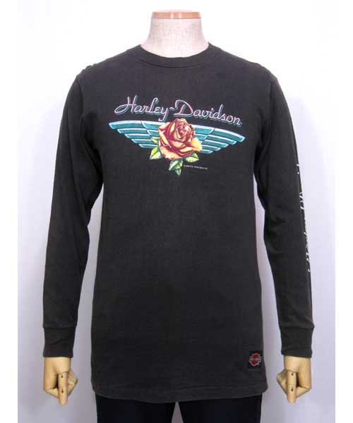 ハーレーダビッドソン薔薇×イーグルプリント黒ロングスリーブTシャツ M 