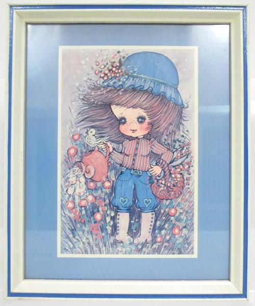小鳥 女の子アート絵画 ウッド額縁 70年代 古着屋chum 小鳥 女の子アート絵画 ウッド額縁 70年代 古着屋chum