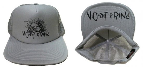 VIOLENT GRIND バイオレントグラインド PUSHEAD 定番パスヘッドスカル TRUCKER CAP ポリ メッシュキャップ GRAY  灰x黒 グレーxブラック - JONNY BEE ONLINE STORE