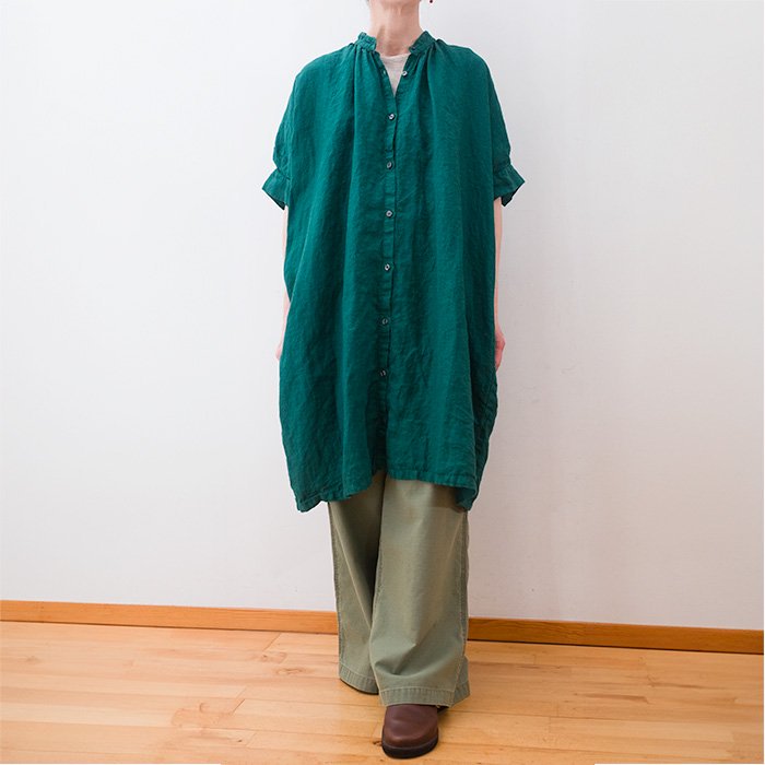 Honnete[オネット]アイリッシュリネンハーフスリーブノーカラーワンピース#Rich Green - リントータルファッションプレイス